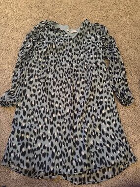 LOFT Sage Blue Leopard Print Long Sleeve Dress